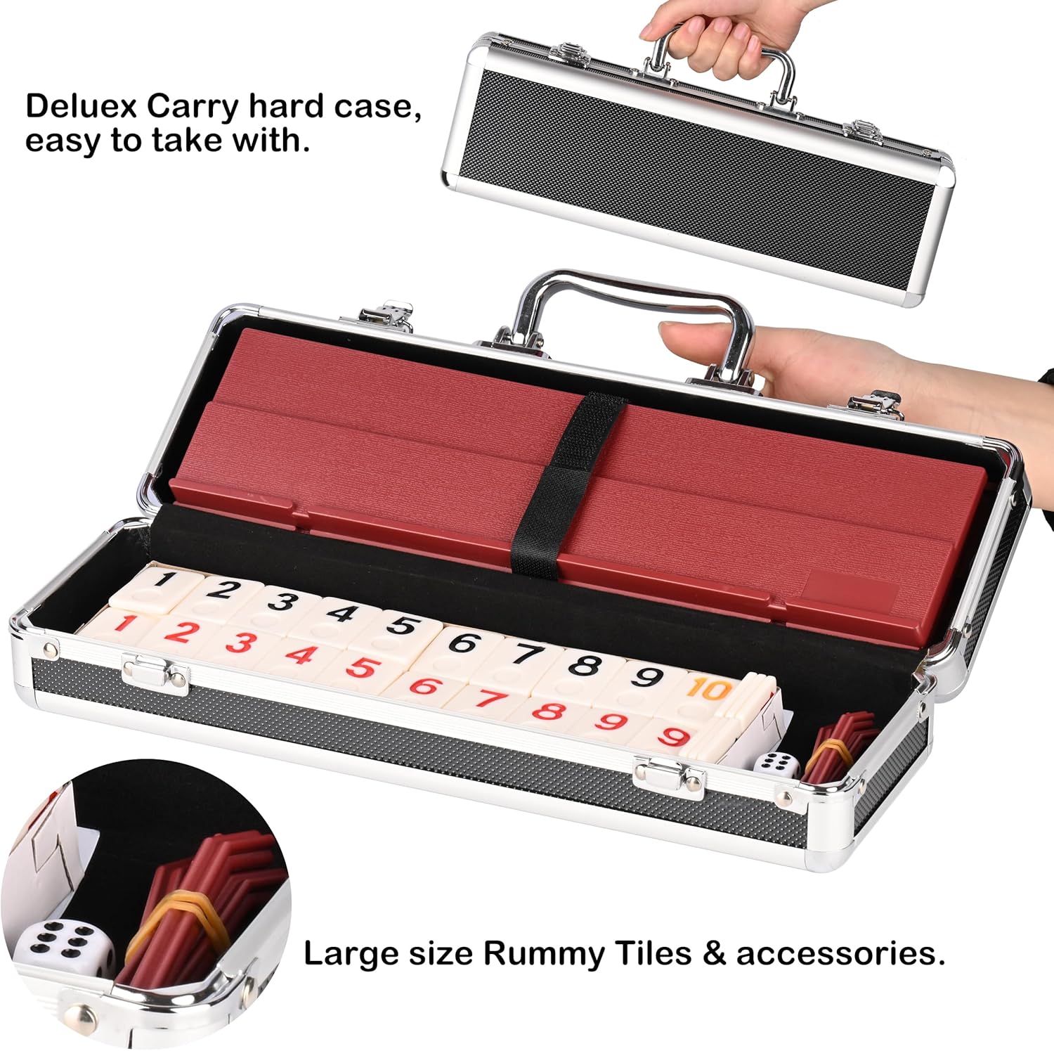Doublefan Rummy Cube 4 Player Edition, 106 Rummy Cube Game Set with with 4 Plastic Racks in Portable Aluminum Case, Classic Board Game for Adults and Elderly.