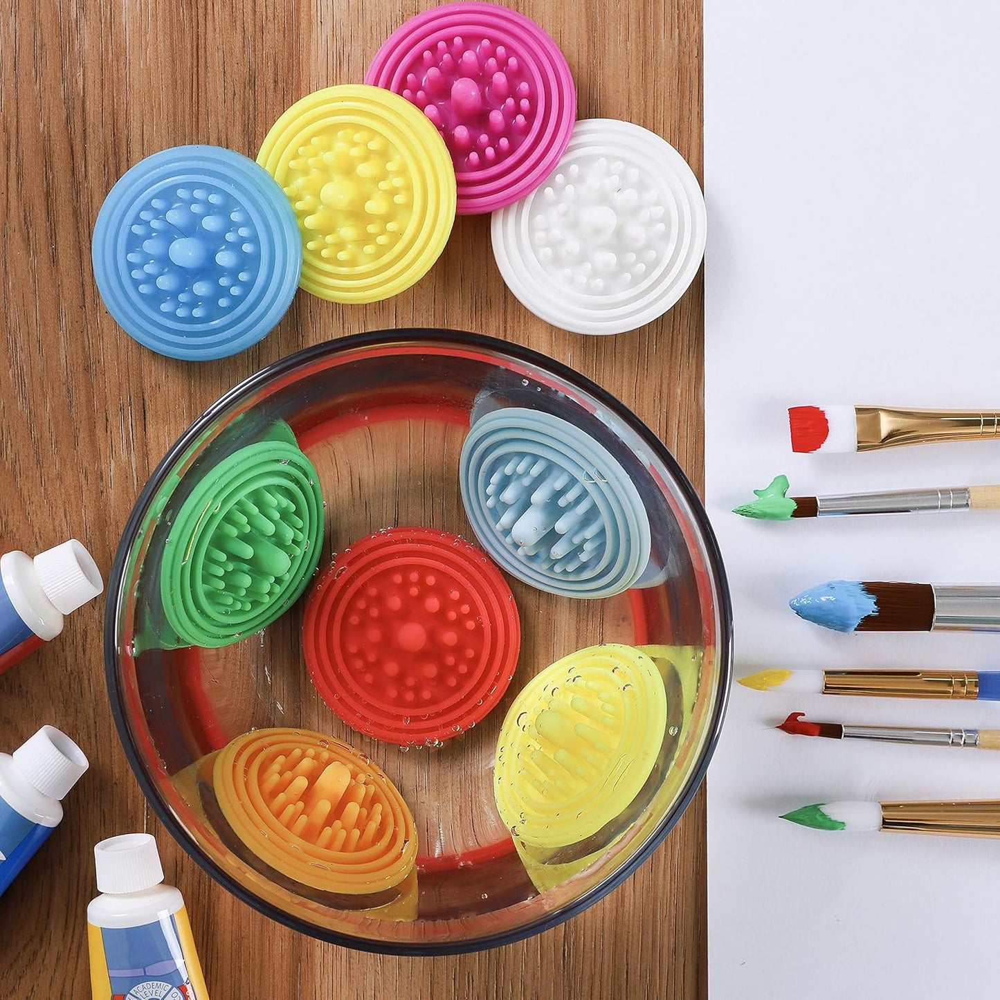 Paint Puck Paint Brush Cleaner (3-Pack, Yellow) – Reusable Silicone Insert with Suction & Nubs for Cleaning Acrylic, Oil & Watercolor Brushes – Fits Cups for Classroom, Studio & Home Use