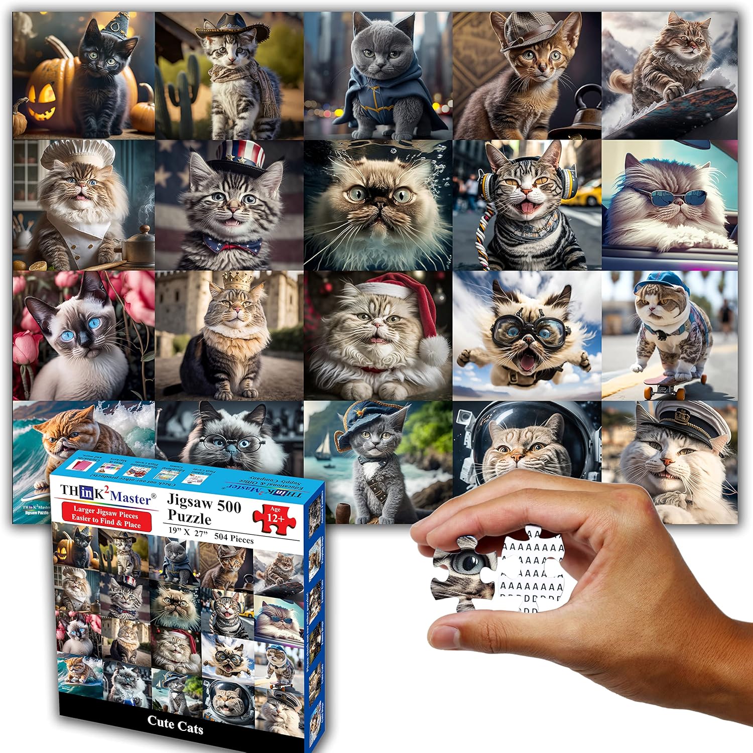 Think2Master Cute Cats 500 Pieces Jigsaw Puzzle Featuring heartwarming Kittens and Cats. Fun Toy Teens, Seniors & Families. Great Gift for Kids Ages 13+ Size: 26.8” x 18.9”