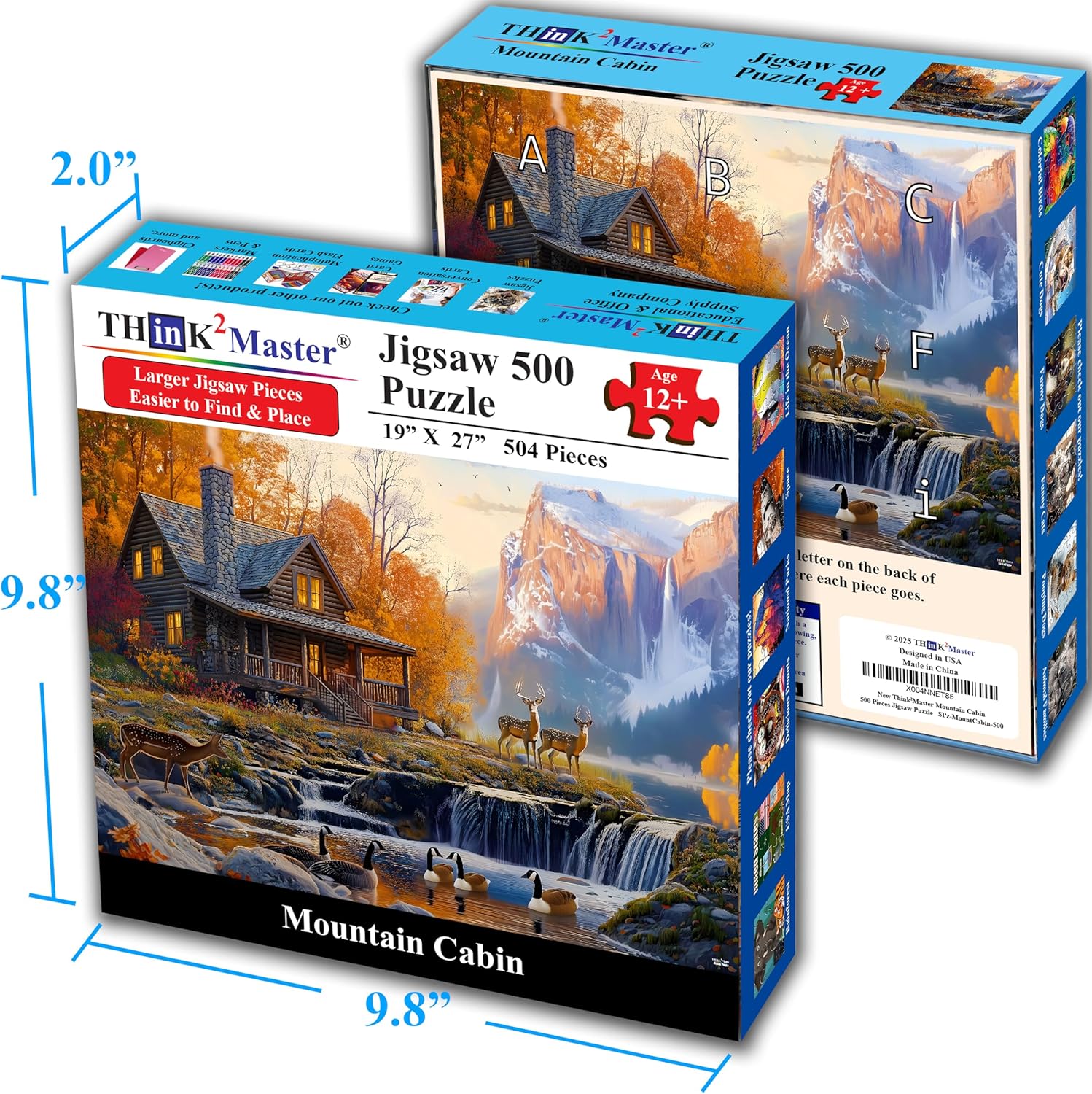 Think2Master Cabin by The Falls 500 Pieces Large Format Jigsaw Puzzle: Kids 12+, Teens, Adults & Families. Scenic Autumn Mountain Landscape with Log Cabin, Waterfall. Great Gift. Size: 26.8” X 18.9”