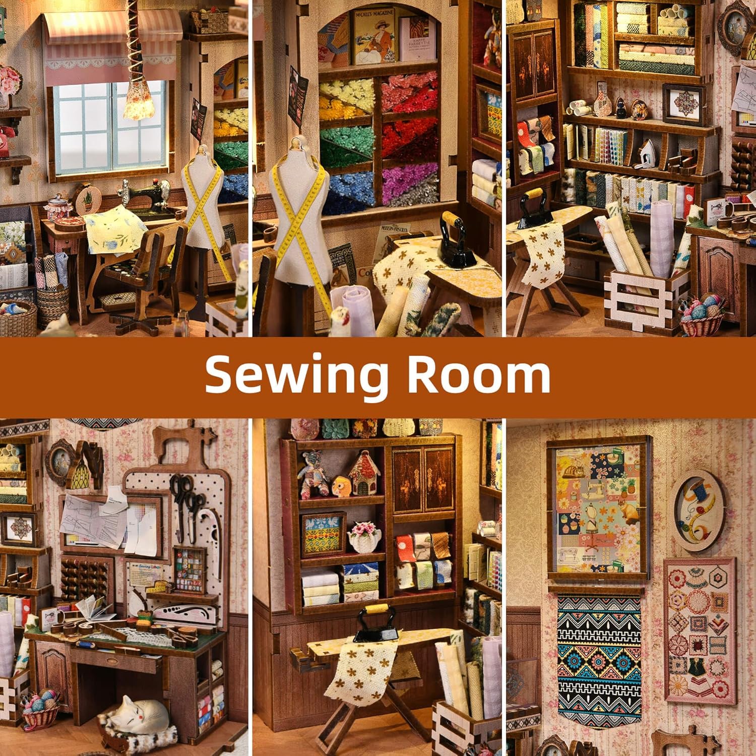 Book Nook Kit, DIY Miniature House Dollhouse Kit for Adults and Teens, 3D Wooden Puzzle Bookend Creative Bookshelf Insert Decor with LED Light, Gifts for Family, Friends (Sewing Room)