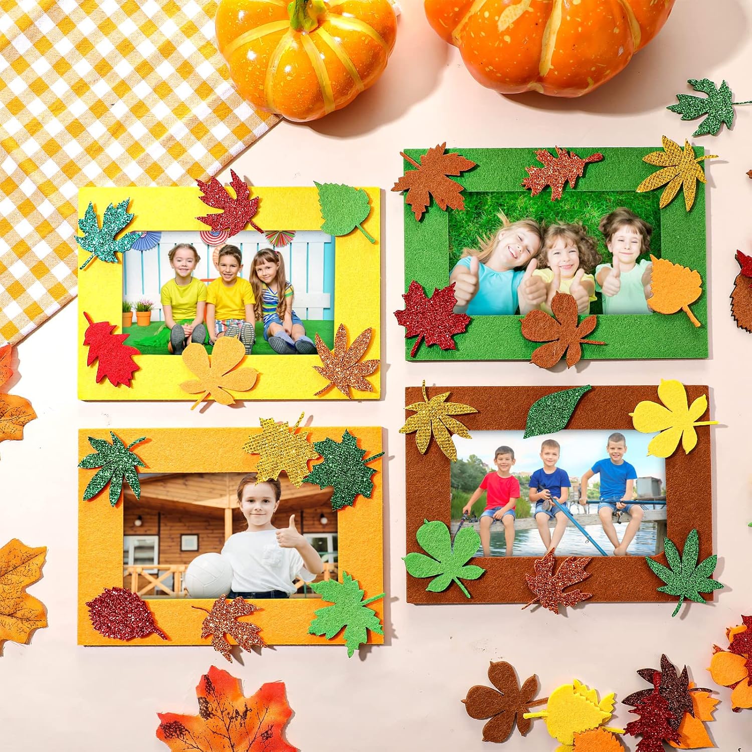 Ferraycle 232 Pcs Fall DIY Picture Frames Craft Kit Thanksgiving Felt Photo Frames with Leaves Pumpkin Harvest Crafts with Foam Stickers for Autumn Party Favor(Mix Color,Leaf)