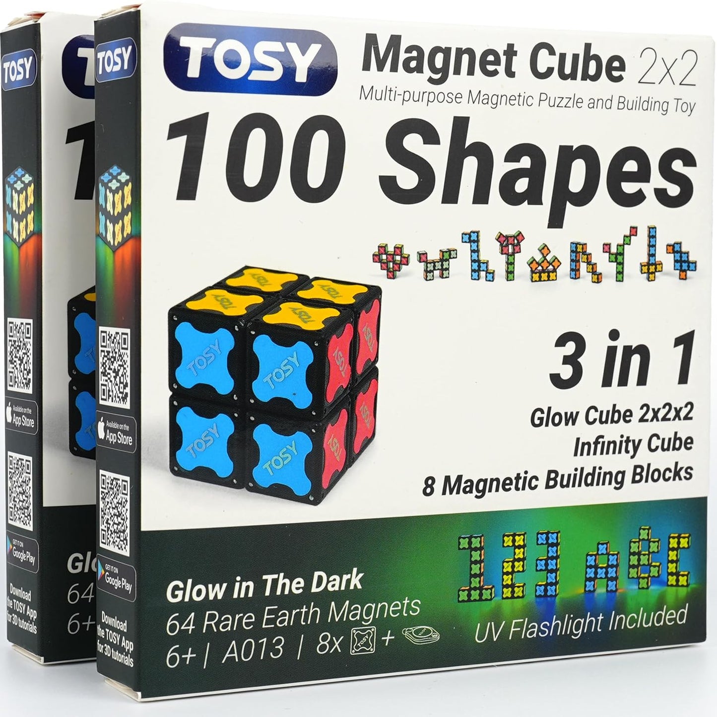 TOSY Magnet Cube 2x2 - 8 Blocks, 2 in 1 Toy: 2x2x2 Puzzle Cube and Customizable Infinity Cube, Glowing, UV Flashlight, Fidget/STEM/STEAM Magnet Tiles Birthday Gift for Kids/Teens/Adults, 2-Pack