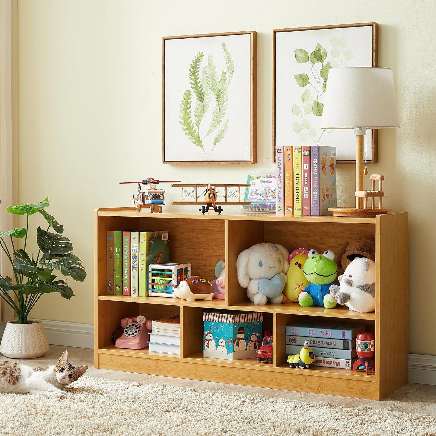 Kids Toy Storage Organizer, 5-Section Storage Cabinet for Organizing Books Toys, Wooden Bookshelf Daycare Furniture for School, Classroom Playroom, Nursery, Kindergarten (Natural)