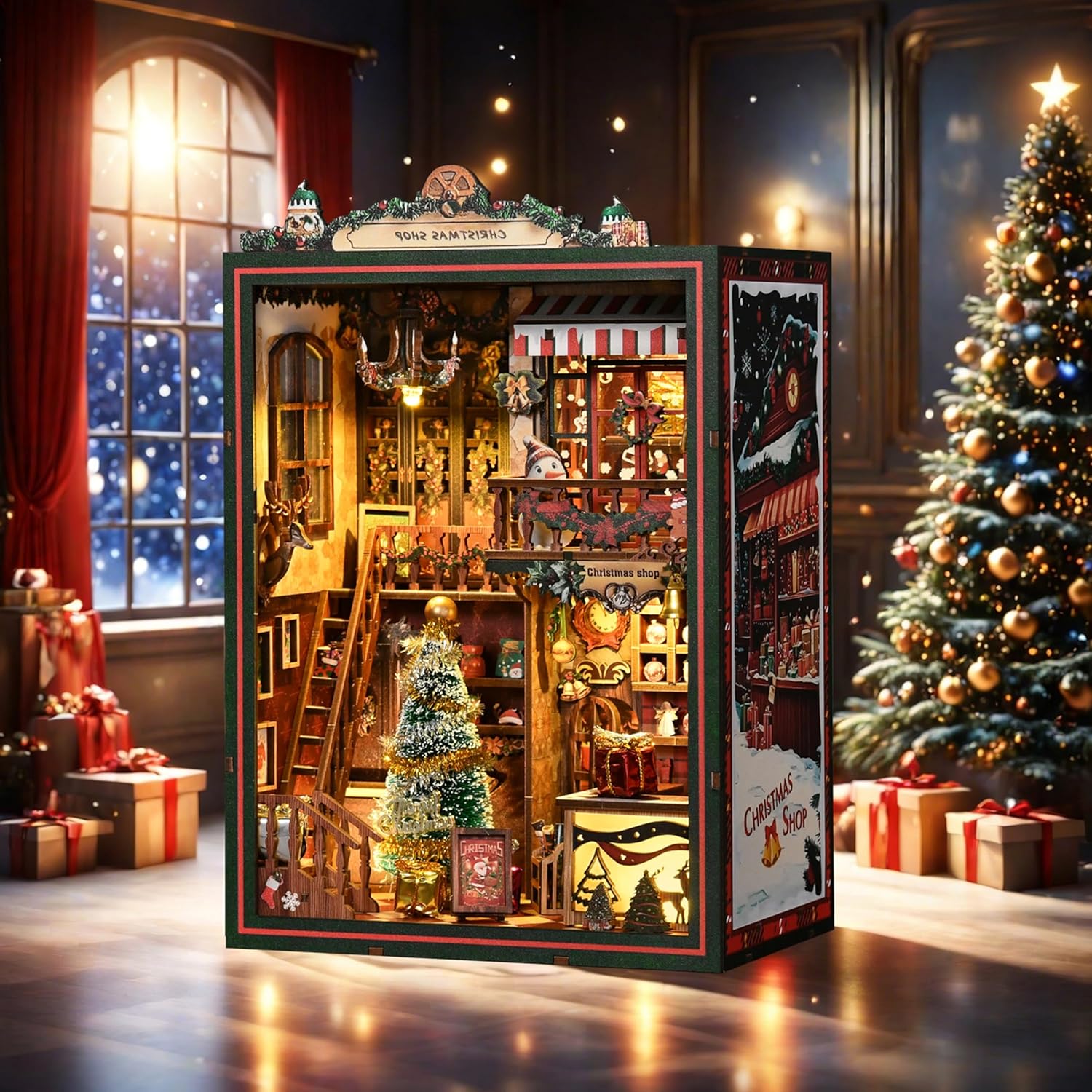ISSEVE Book Nook Kit - DIY Miniature House Kit for Adults Teens Beginners, Christmas Dollhouse Booknook with Music Mechanism Tiny House Bookshelf Decoration 3D Wooden Puzzles (Christmas Shop)