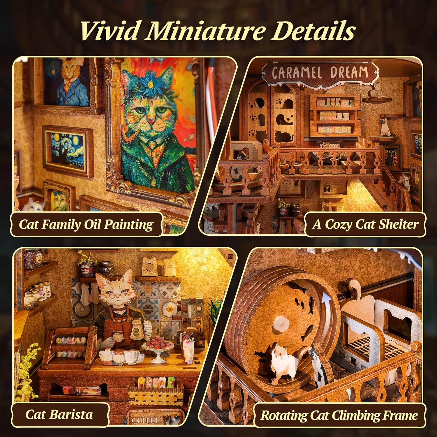 3D Wood Puzzle Book Nook Kit, Caramel Dream Cat Café Bookshelf Insert with LED Lights, DIY Miniature Bookend Décor for Display, Cozy Craft Gift for Cat Lovers and Teens (Caramel Dream)