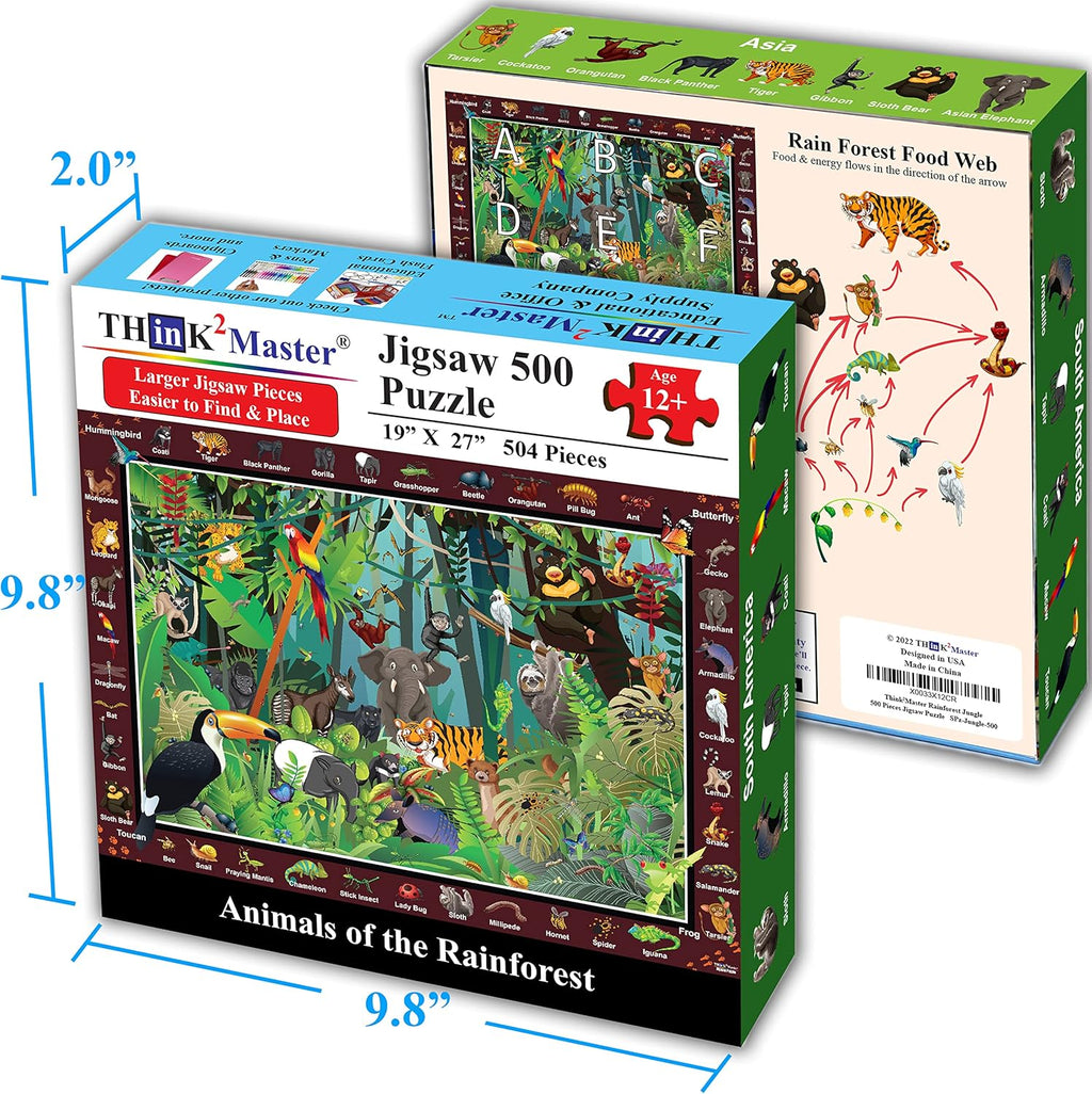 Think2Master Colorful Rainforest Jungle Zoo Animals 500 pieces Large Format Jigsaw Puzzle for kids 12+, teens, adults & families. Great gift for stimulating learning about animals. Size: 26.8” X 18.9”