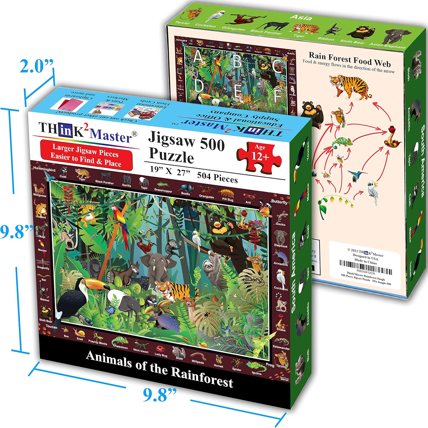 Think2Master Colorful Rainforest Jungle Zoo Animals 500 pieces Large Format Jigsaw Puzzle for kids 12+, teens, adults & families. Great gift for stimulating learning about animals. Size: 26.8” X 18.9”