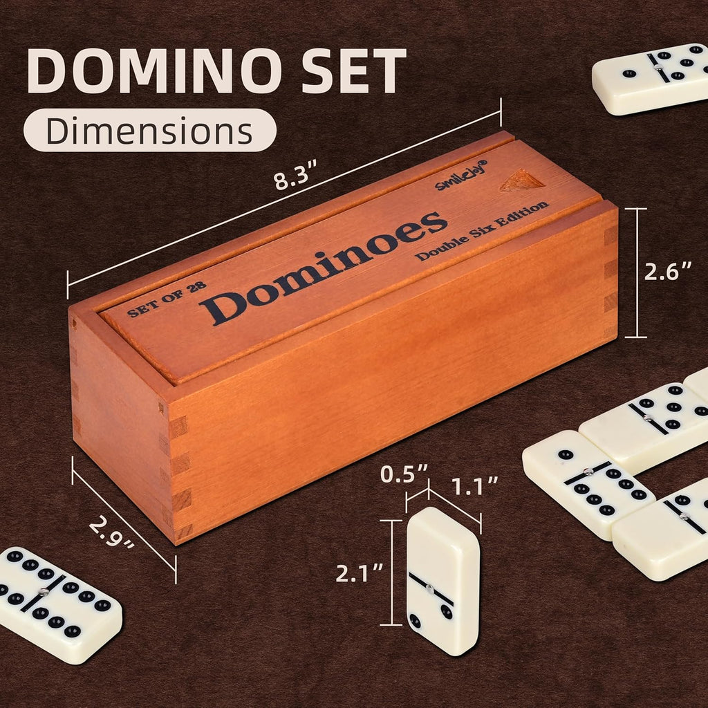 Smilejoy Dominos Set for Adults -Jumbo Size Dominoes Double Six Edition- Classic Board Games- Thick Size Double 6 Domino Set with Deluxe Brown Wood Box, 28 Tiles (2-4 Players)