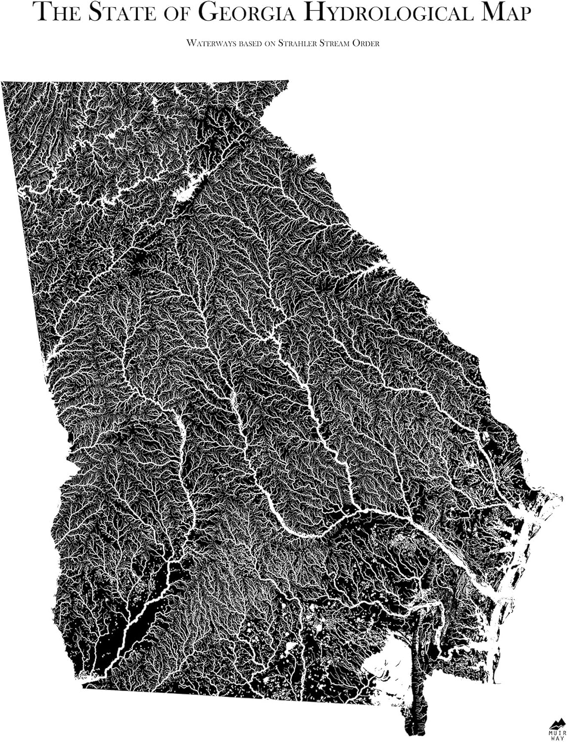 Muir Way Hydrological River Map of Georgia - Watershed Topographic Wall Art for Home, Office, or Travel Decor - Unframed Flat Paper Print, 18x24
