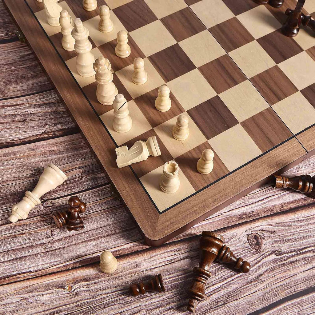 15" Wooden Chess Set with Magnetic Pieces - Extra Queens - Folding Chessboard Portable Travel Tournament Chess Board Games for Adults Kids