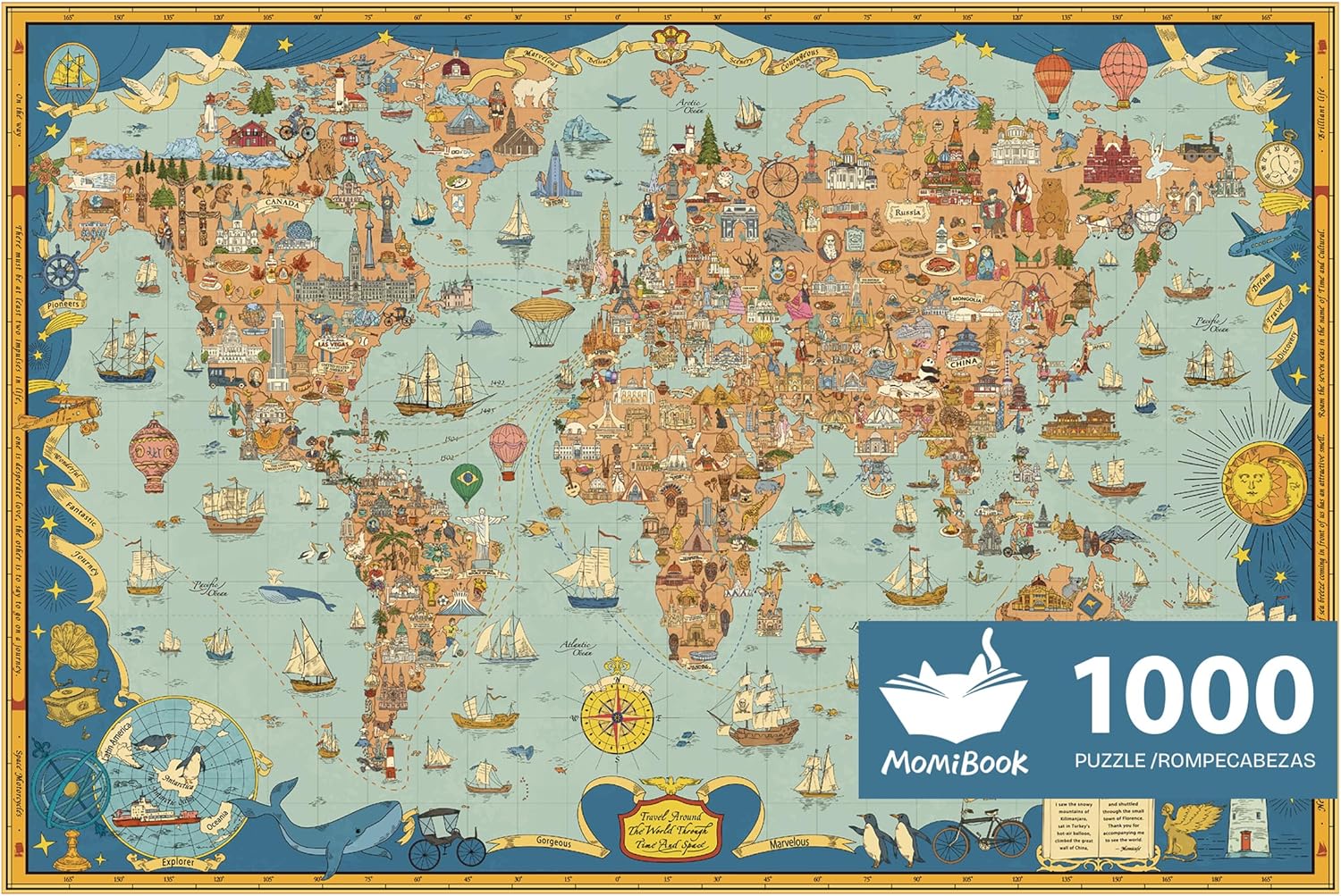 MOMIBOOK Puzzles for Adults 1000 Pieces Jigsaw Puzzles of Journey Through The World, Painting Image World Map Difficult Challenging Impossible Puzzle Unique Funny Party Christmas Birthday Gifts