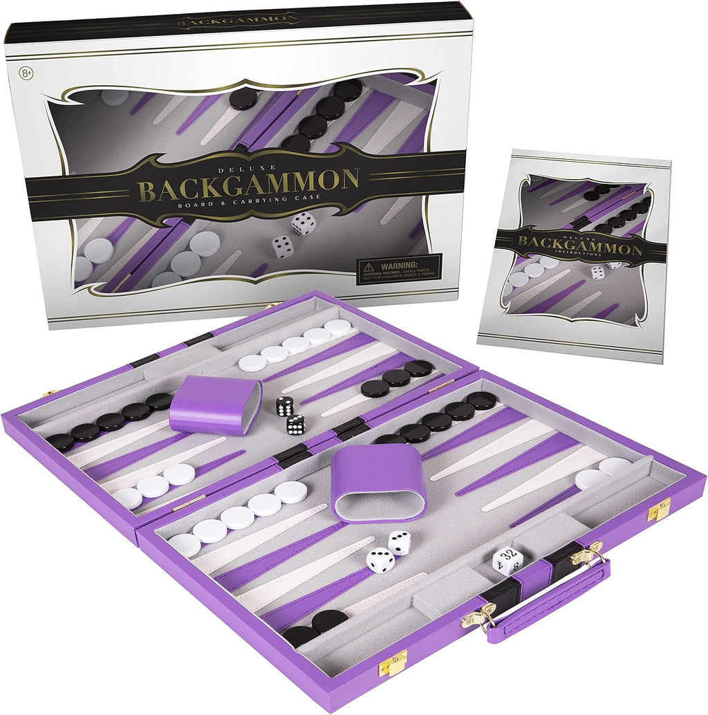 Backgammon Set 11 inch, Small - Classic Board Game for Adults and Kids with Premium Leather Case - Includes Strategy & Tip Guide (Purple)