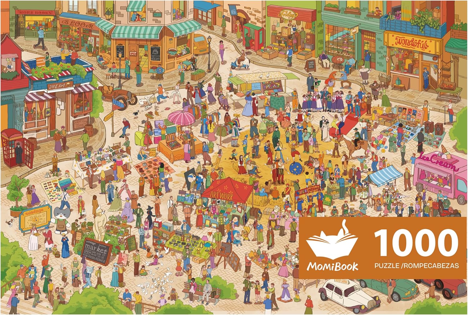 MOMIBOOK Puzzles for Adults 1000 Pieces Jigsaw Puzzles of Happy Shopping at The Market, Painting Image Town Difficult Challenging Hard Impossible Puzzle Unique Funny Party Christmas Birthday Gifts
