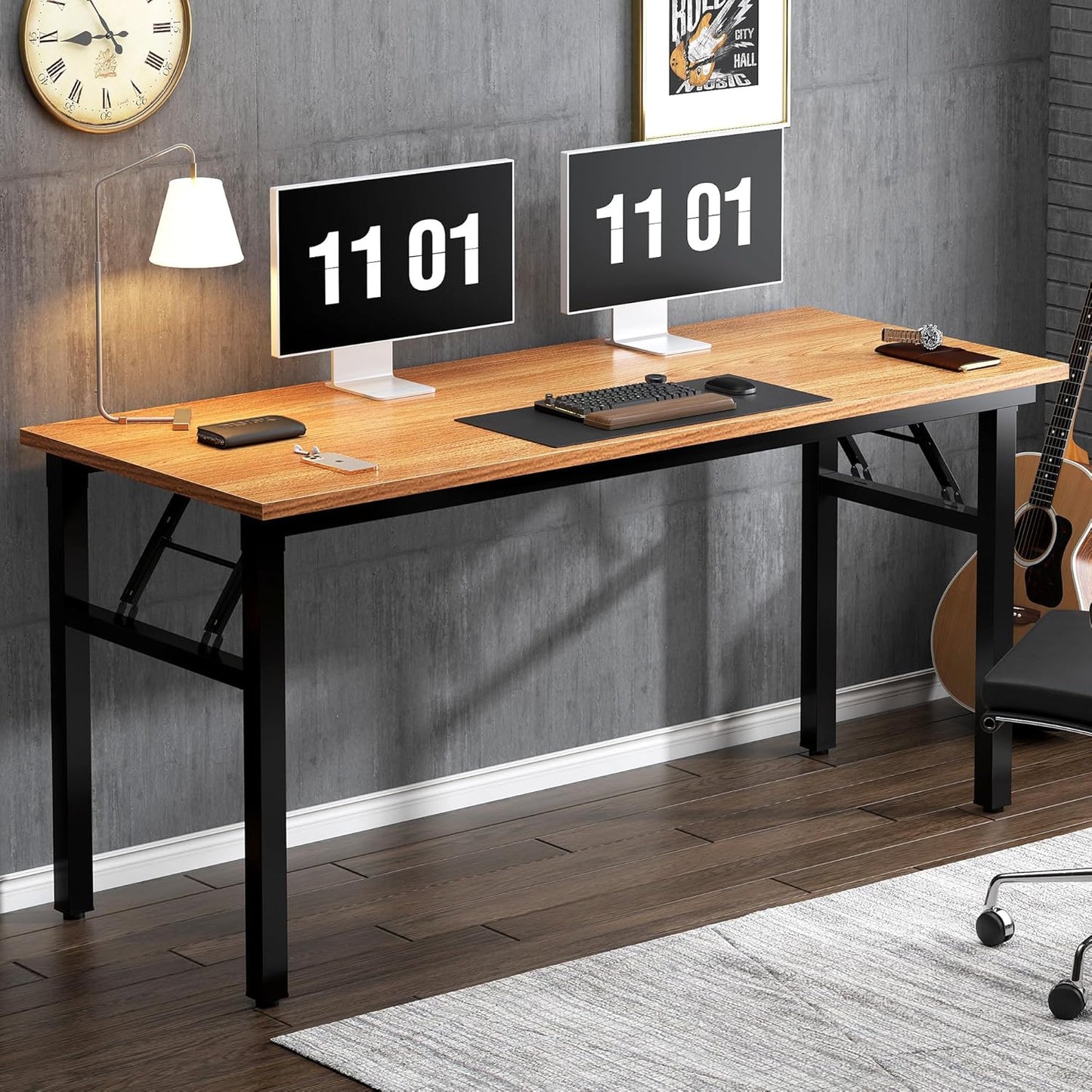 Need Folding Desk, 54 inch Large Computer Desk for Home Office, No Install Needed Study Student Writing Table Desk Workstation, Teak Black