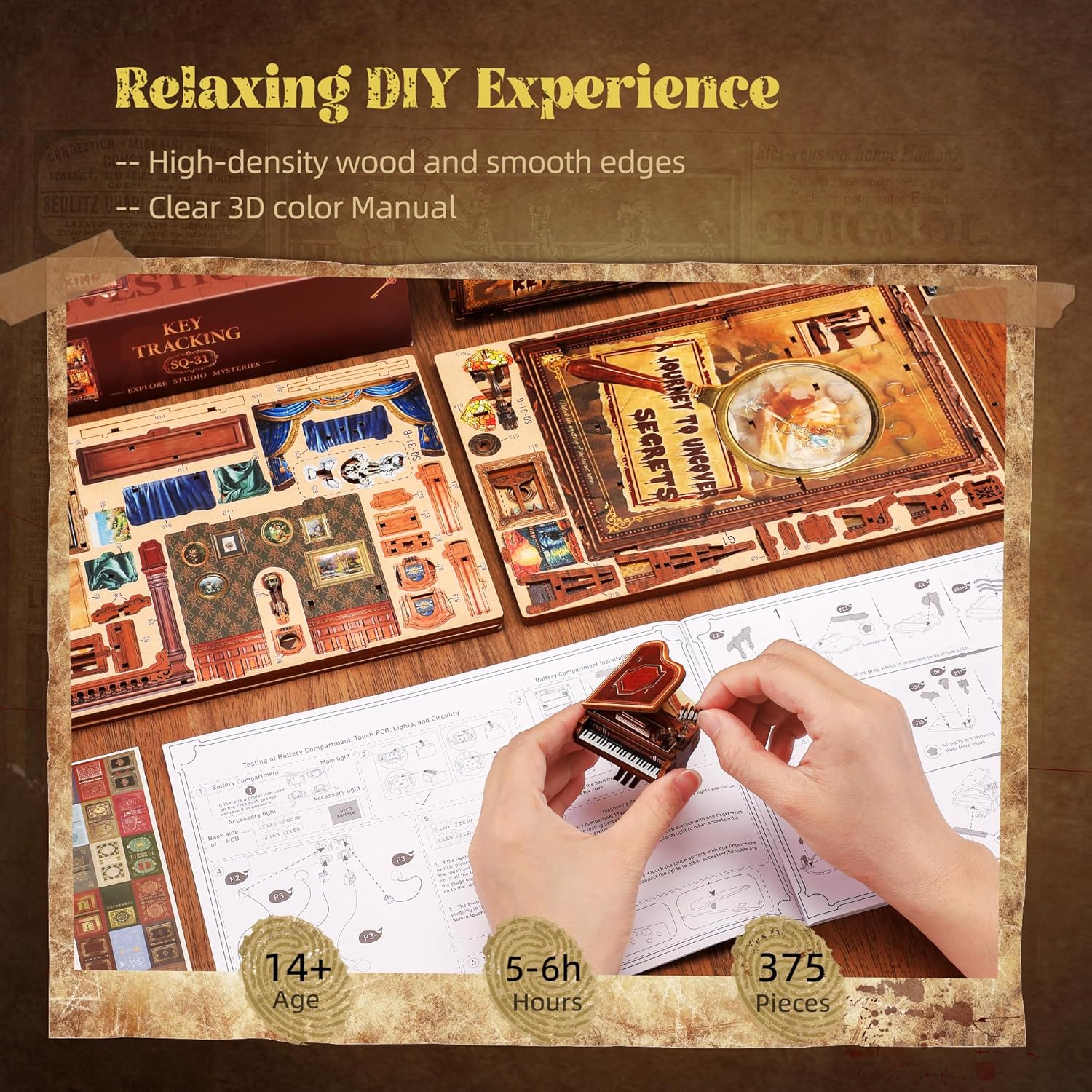 3D Wooden Puzzle Book Nook Kit with LED Light, DIY Miniature Bookshelf Insert Décor for Display, Unique Craft Gift for Adults and Teens (Key Tracking)