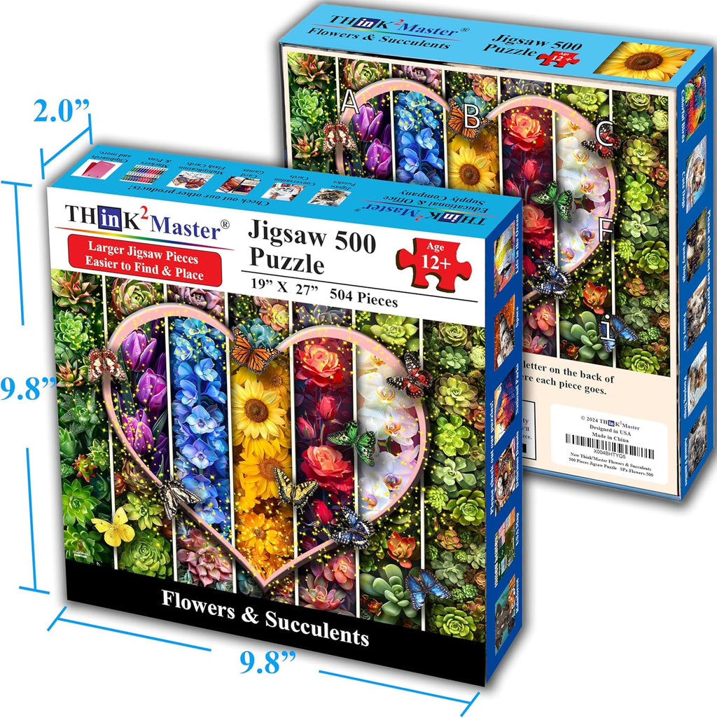 Think2Master Colorful Flowers Succulents & Butterflies 500 Pieces Large Format Jigsaw Puzzle for Kids 12+, Teens, Adults & Families. Beautiful Vibrant Heart Valentine's Day Illustration 26.8” X 18.9”
