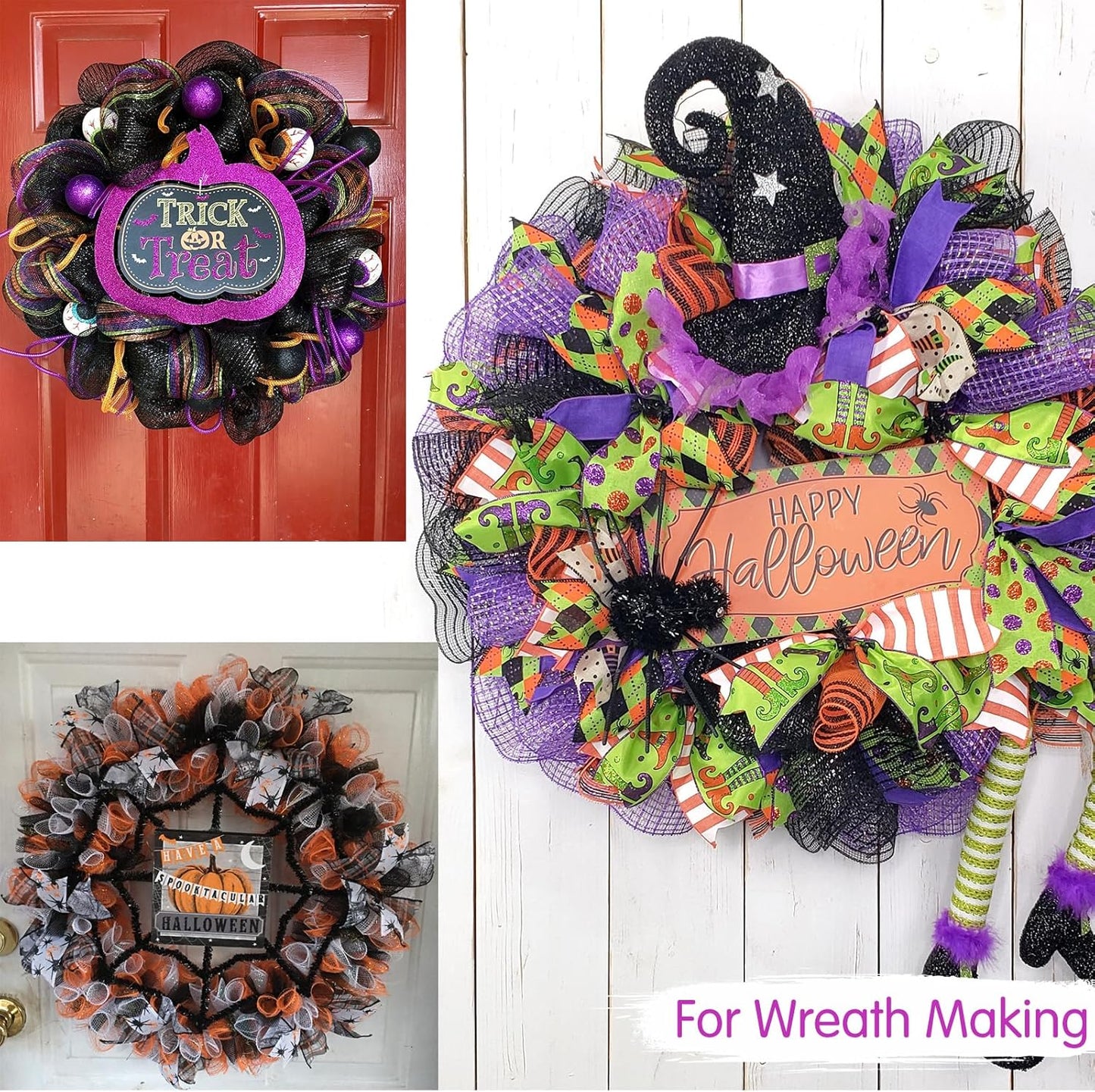 TONIFUL 10 Inch 3 Rolls Black/Orange/Purple Decorative Mesh Ribbons, Fabric Mesh for Tree Home Front Door Wreaths Decorations Supplies, for Halloween Decorations（3 Colors, 10yards/ roll）