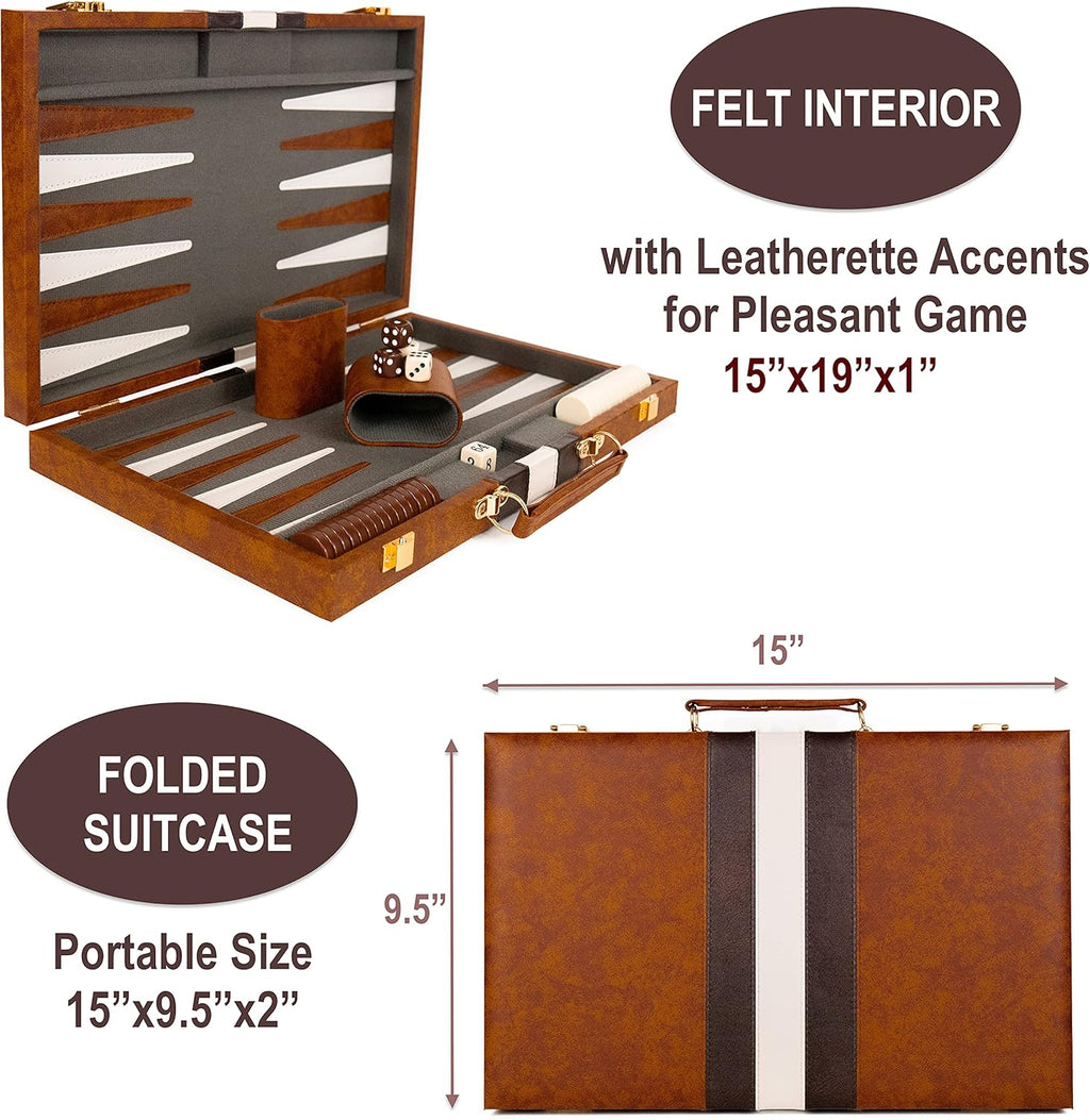 Backgammon Set - 15 Inch Classic Backgammon Board Game Sets Handheld - Backgammon Sets for Adults and Kids - Brown Faux Leather Case - Instruction