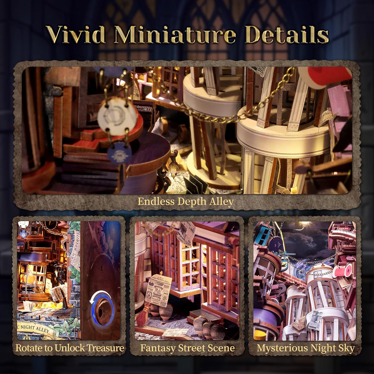 3D Wood Puzzle Book Nook Kit, DIY Magical Miniature Dollhouse with LED Light, Magic Night Alley Bookshelf Insert Bookend for Display, 3D Puzzle Craft Set for Adults(Magic Night Alley)