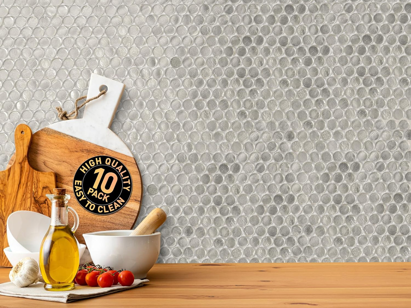 Silver Penny Round Mosaic Glass Tile – 12.2 x 12.2 Inch - 10 Sheet Pack - Luxurious Design for Bathroom Walls, Kitchen Backsplash, Shower Walls - Elegant Wall Decor - NOT Peel and Stick Tile