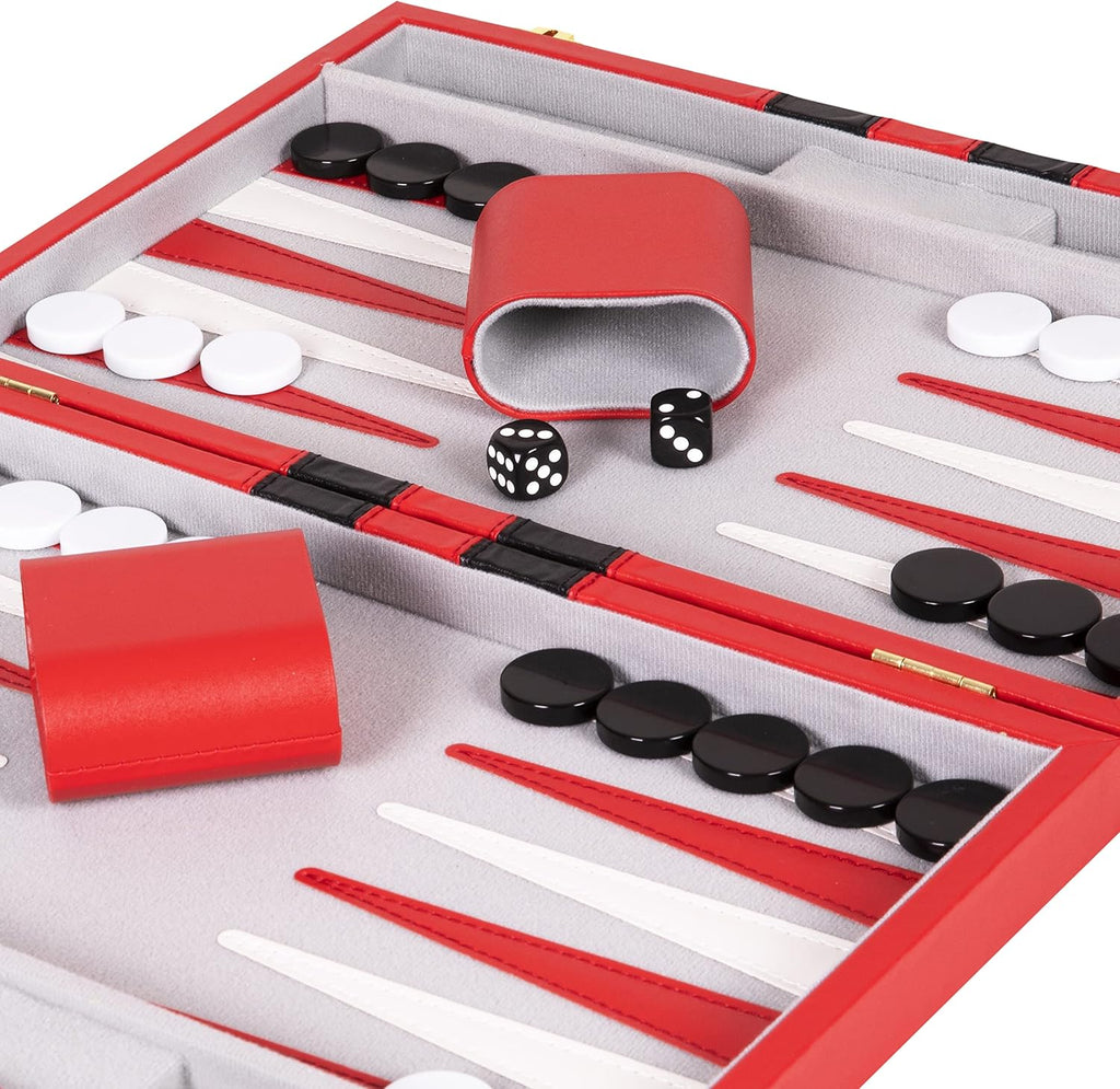 Backgammon Set 15 inch, Medium - Classic Board Game for Adults and Kids with Premium Leather Case - Includes Strategy & Tip Guide (Red)
