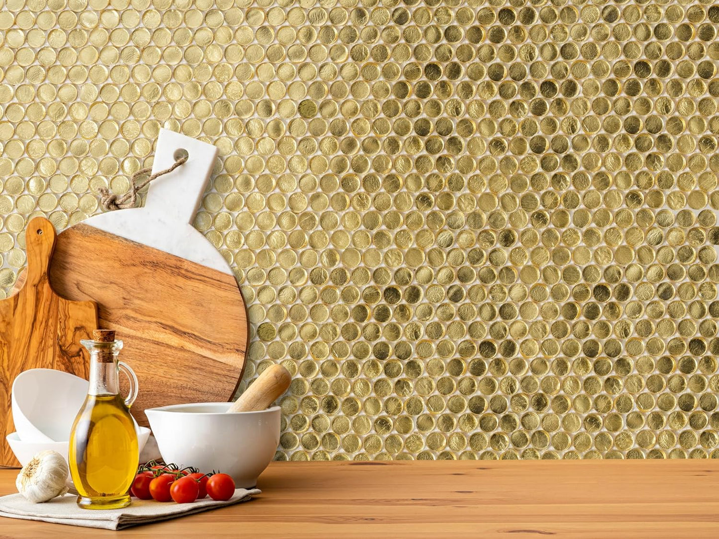 Box of 10 Glossy Gold Glass Penny Round Mosaic Tiles – 12.2" x 12.2" Mesh-Mounted Sheets, 10.34 Sq Ft, Not Peel & Stick - Kitchen Backsplash, Shower Wall, Bathroom, Fireplace, Interior Decor