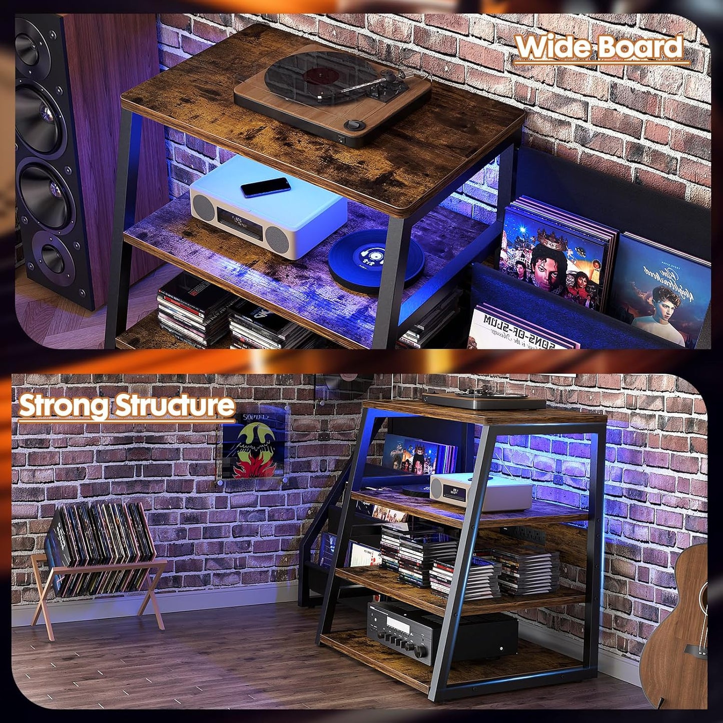 AV Media Stand with Outlets, Stereo Stands and Racks with Vinyl Storage, Stereo Stand with Record Storage, Audio Stereo Rack Cabinet, Turntable Console Stand with LED lights, 4 Tiers, Rustic Brown