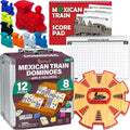 Queensell Dominoes Double 12 with 8 Holders + Wooden Hub + Score Pad + Metal Trains