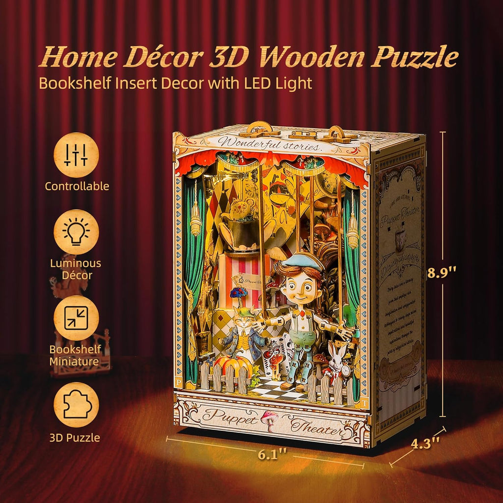 LED 3D Wood Puzzle Puppet Theater Book Nook Kit - Interactive Miniature DIY Bookshelf Insert with Movable Puppets - Creative Fantasy Scene Home Decor Gift(Puppet Theater)