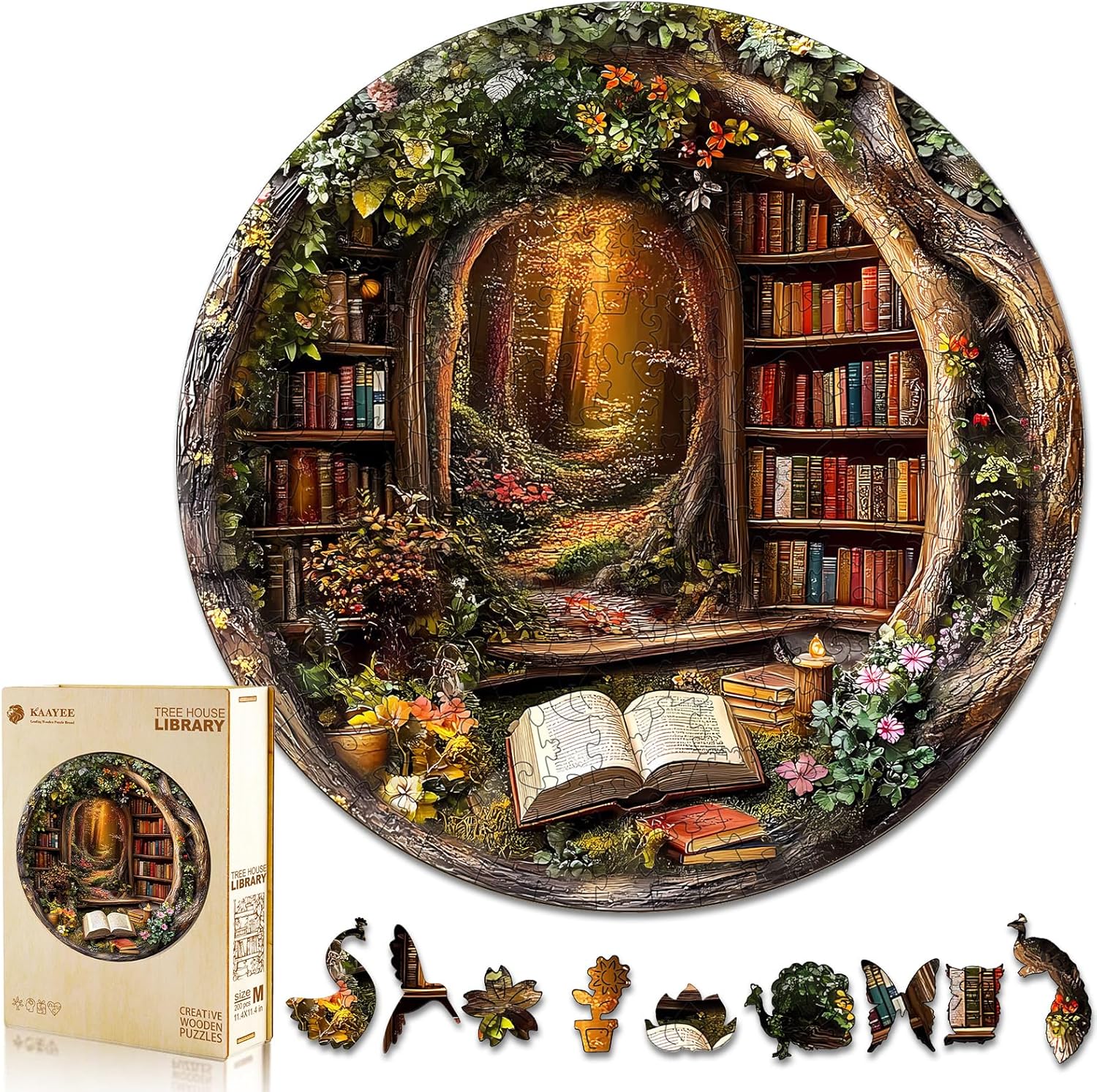 KAAYEE Wooden Puzzles for Adults, 3D Visual Effect Tree House Library Wooden Jigsaw Puzzle Unique Shape Wood Puzzle Adult, 3D Effect Flat Puzzle Birthday Family Games (L-13.4 * 13.4 in-295pcs)