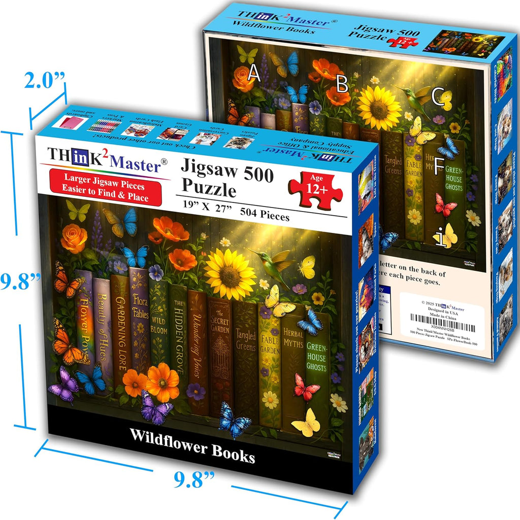 Think2Master Enchanted Library 500 pieces Large Format Jigsaw Puzzle: kids 12+, teens, adults & families. Magical Bookshelf with Butterflies & Flowers Botanical Garden. Great gift. Size: 26.8” X 18.9”