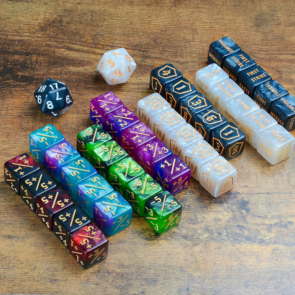 62 PCS MTG Dice Counters Set Keyword Tokens Abilities Life Counter 1/+1 counters Commander Buff Tokens Gold 6 Sided Dice Set for MTG, TCG, Card Games