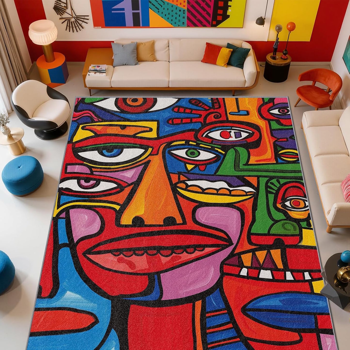 Abstract Rugs for Bedroom - Colorful Area Rugs 7x10, Pop Art Graffiti Multicolor High Traffic Lightweight Extra Large Carpet Home Decor