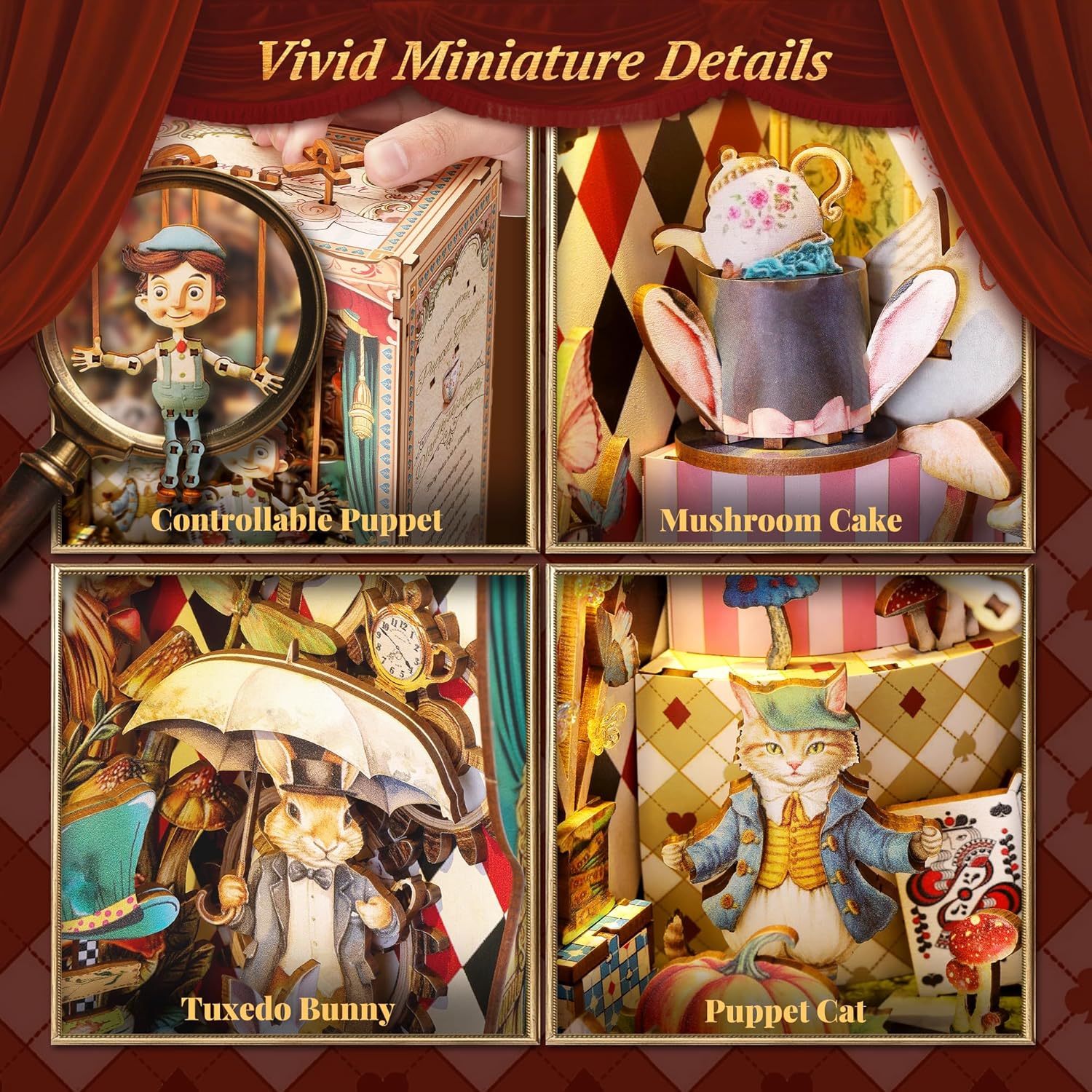 LED 3D Wood Puzzle Puppet Theater Book Nook Kit - Interactive Miniature DIY Bookshelf Insert with Movable Puppets - Creative Fantasy Scene Home Decor Gift(Puppet Theater)