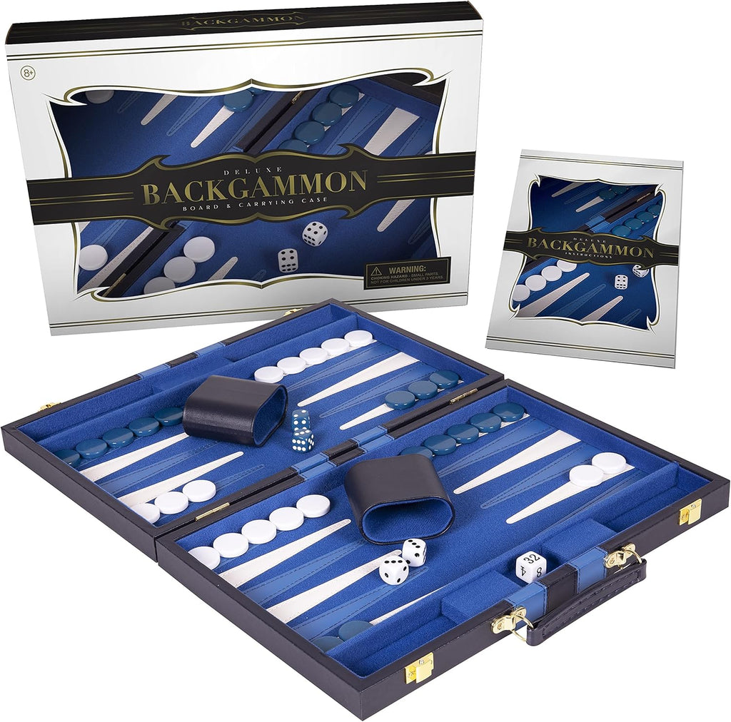 Backgammon Set 15 inch, Medium - Classic Board Game for Adults and Kids with Premium Leather Case - Includes Strategy & Tip Guide (Blue)