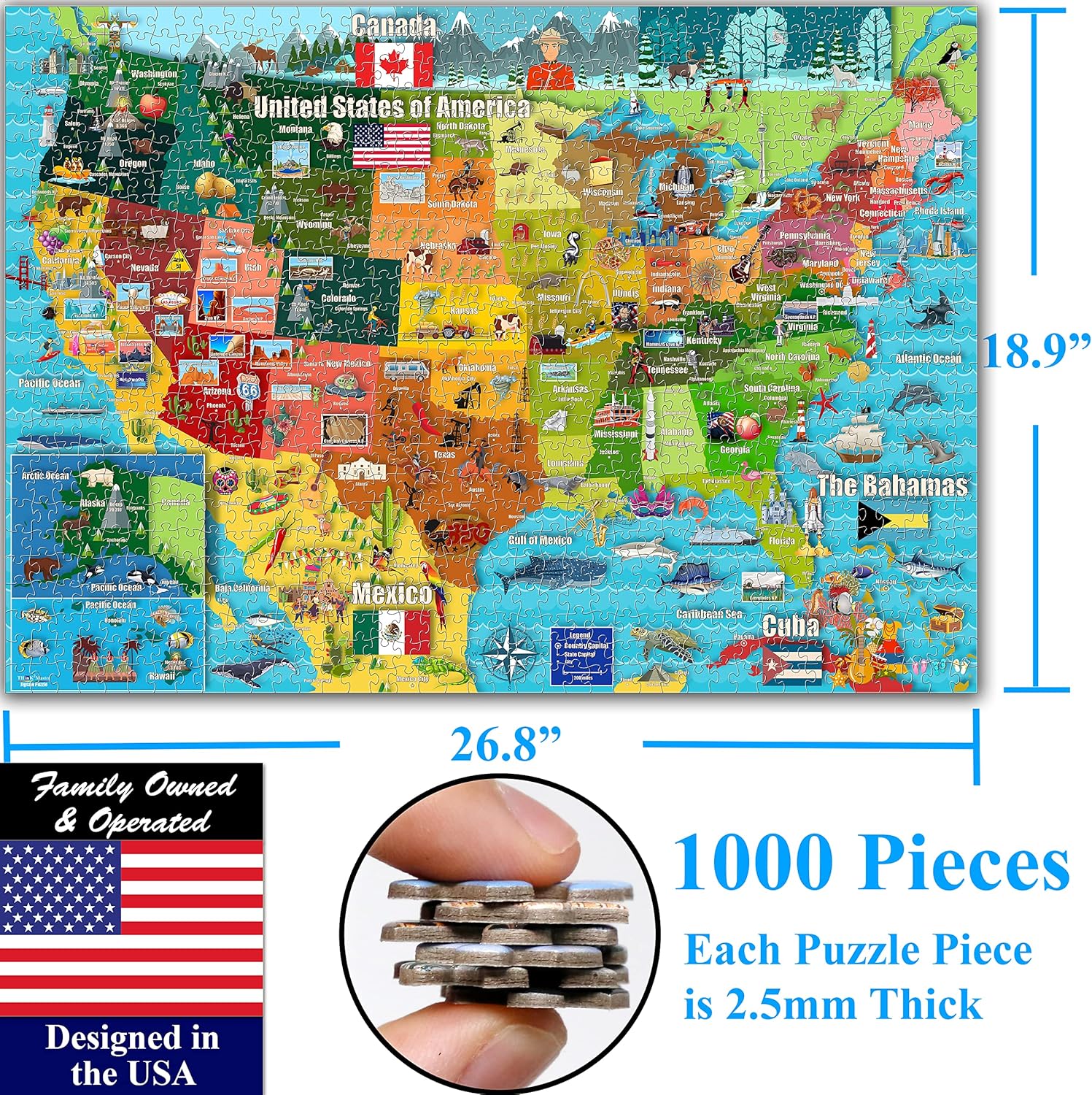 Think2Master Colorful United States Map 1000 Pieces Jigsaw Puzzle for Kids 12+, Teens, Adults & Families. Great Educational Gift for Interest in The USA Map. Size: 26.8” X 18.9”