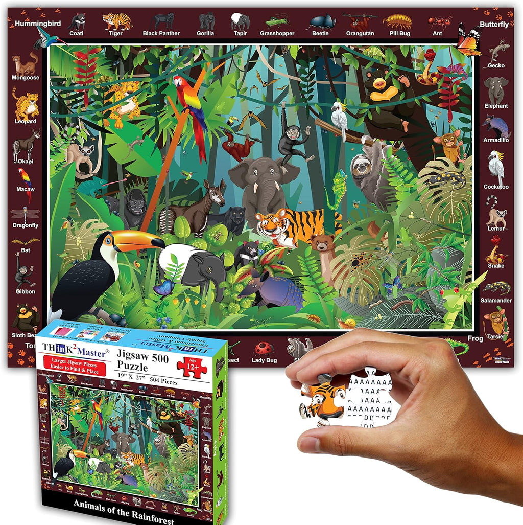 Think2Master Colorful Rainforest Jungle Zoo Animals 500 pieces Large Format Jigsaw Puzzle for kids 12+, teens, adults & families. Great gift for stimulating learning about animals. Size: 26.8” X 18.9”