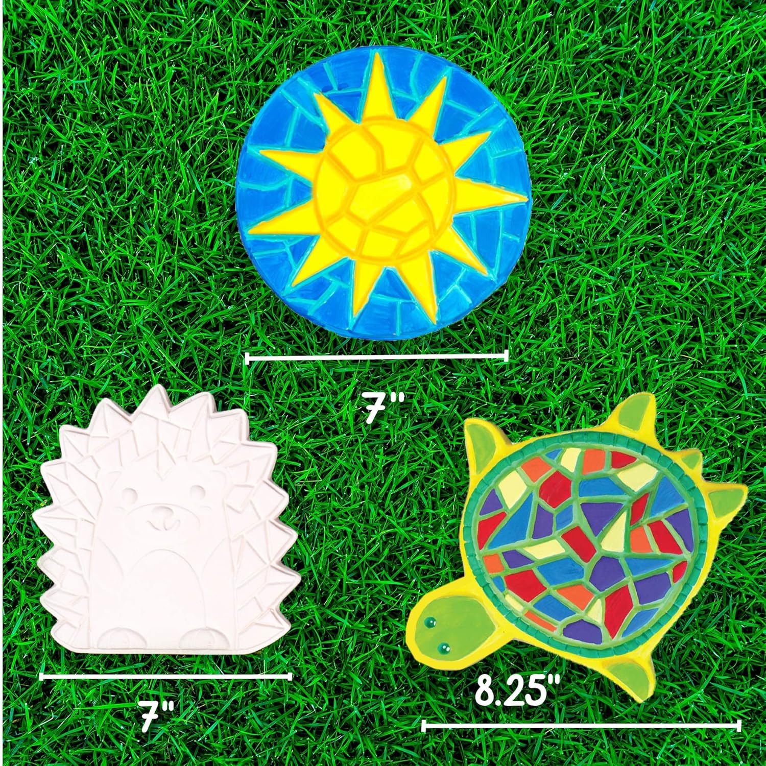 Creative Roots Mosaic Turtle, Hedgehog, & Sun - 3-Pack 7-Inch Ceramic Stepping Stones & 6 Vibrant Paints, Paint Your Own DIY Stepping Stones for Kids Ages 8+