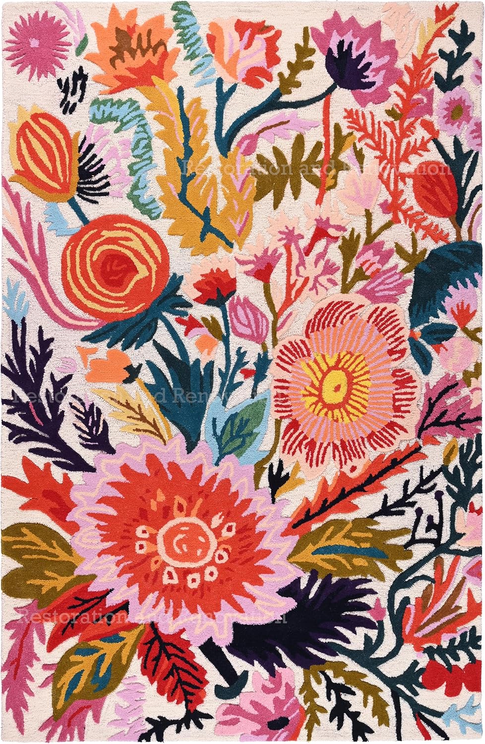 Handmade Wool Floral Area Rug for Living Room | Elegant Flower Garden Design, Soft, Thick and Durable | Bedroom, Dining Room & Home Decor Carpet (5' x 8', Floral E)