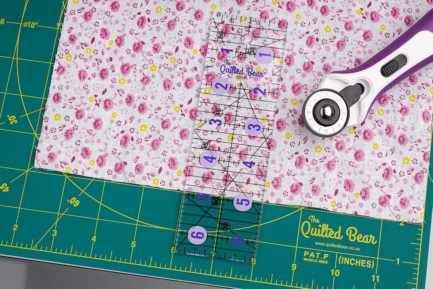 The Quilted Bear Quilting Rulers - Transparent Acrylic Non Slip Quilting, Patchwork & Sewing Ruler with Clear Black Lines & 30, 45 & 60 Degree Angles for Perfect Accuracy & Precision (2" x 6.5")