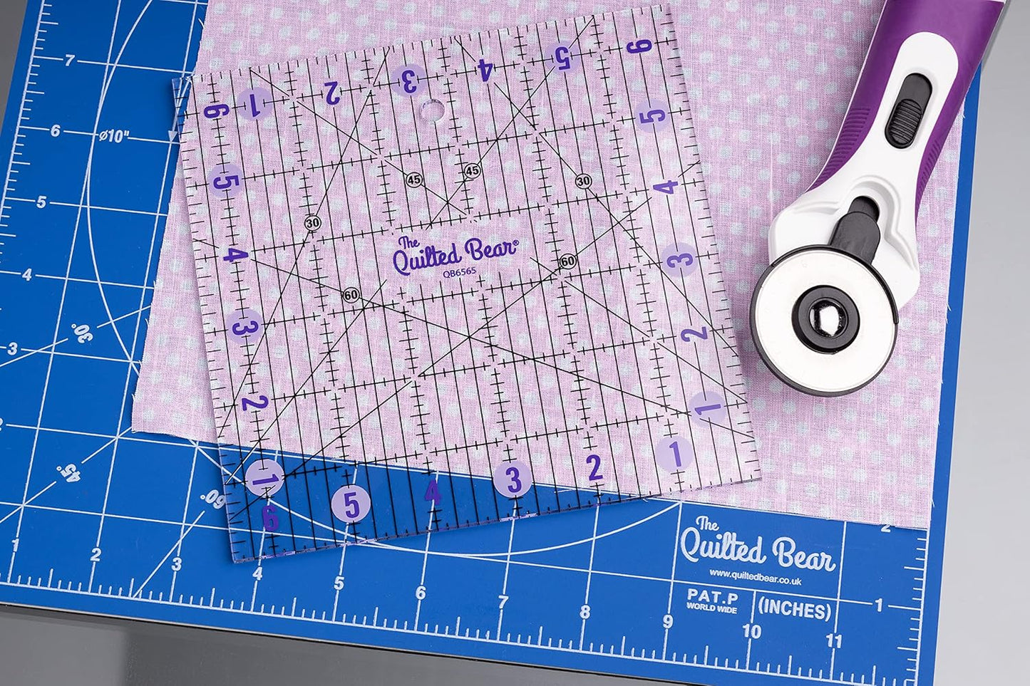 The Quilted Bear Quilting Rulers - Transparent Acrylic Non Slip Quilting, Patchwork & Sewing Ruler with Clear Black Lines & 30, 45 & 60 Degree Angles for Perfect Accuracy & Precision (12.5" x 12.5")