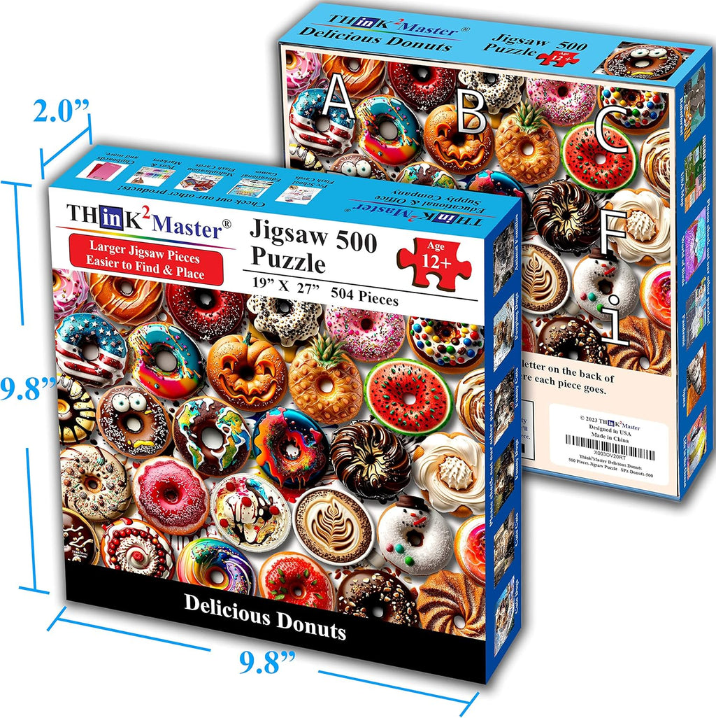 Think2Master Donuts 500 Pieces Jigsaw Puzzle. Perfect White Elephant Gag Gift. Fun for Teens, Seniors & Families. Great Gift for Kids Ages 13+. Size: 26.8” x 18.9”