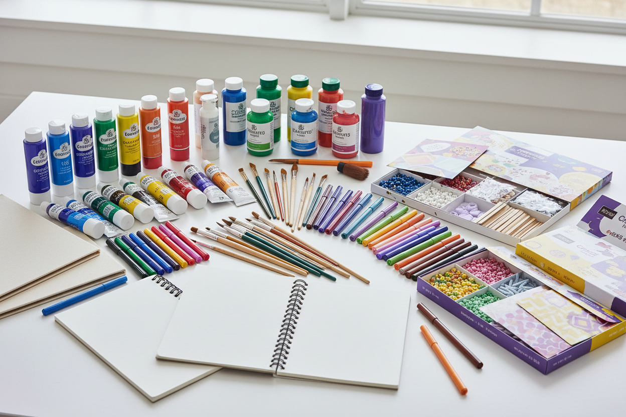 Arts & Crafts: Paints, brushes, markers, sketchbooks, and craft kits. (make it real photo)